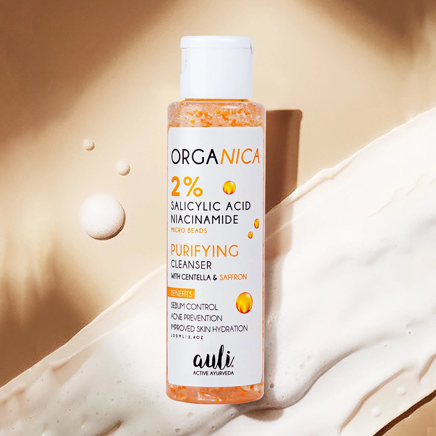 Organica Acne Cleanser with 2% Salicylic Acid, Niacinamide Beads, Centella &amp; Saffron