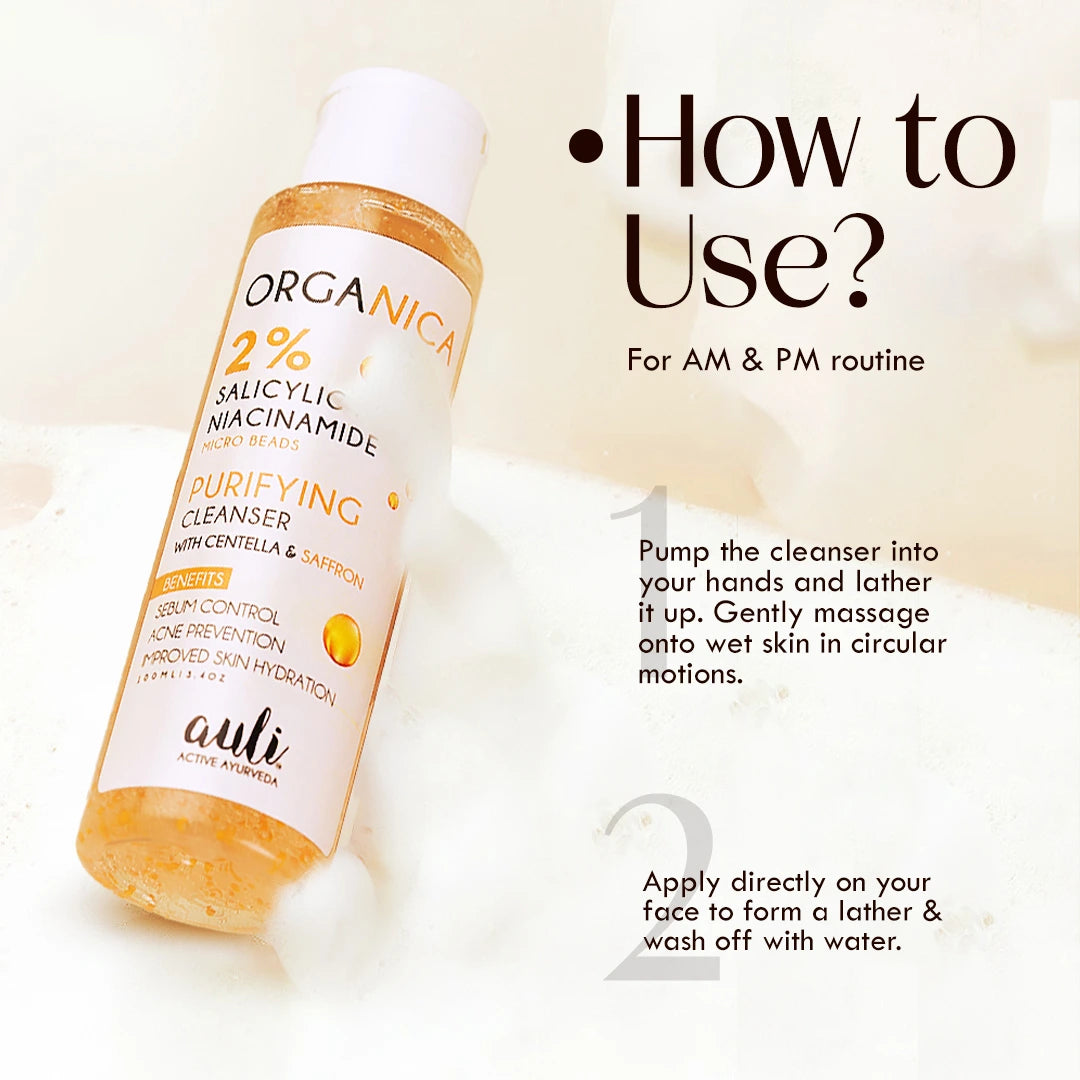 Organica Acne Cleanser with 2% Salicylic Acid, Niacinamide Beads, Centella &amp; Saffron